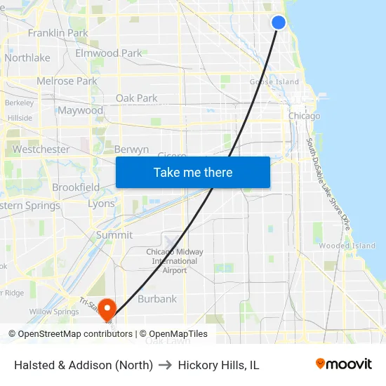 Halsted & Addison (North) to Hickory Hills, IL map
