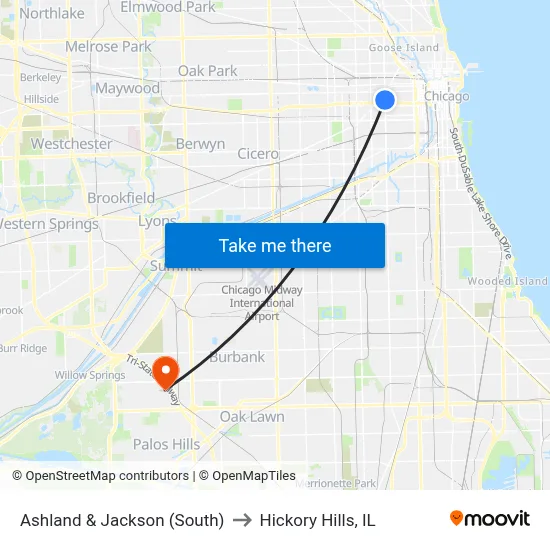Ashland & Jackson (South) to Hickory Hills, IL map