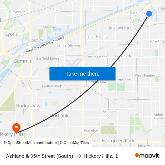 Ashland & 35th Street (South) to Hickory Hills, IL map