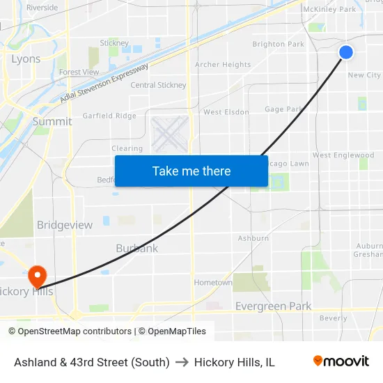 Ashland & 43rd Street (South) to Hickory Hills, IL map