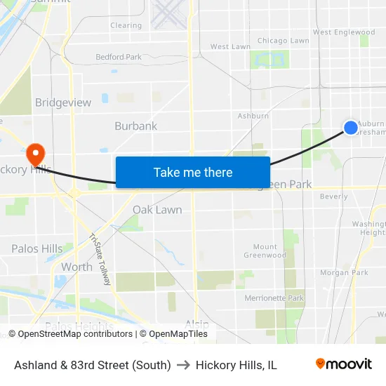 Ashland & 83rd Street (South) to Hickory Hills, IL map