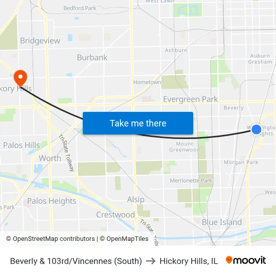 Beverly & 103rd/Vincennes (South) to Hickory Hills, IL map