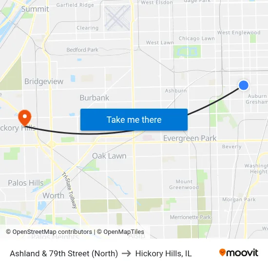 Ashland & 79th Street (North) to Hickory Hills, IL map