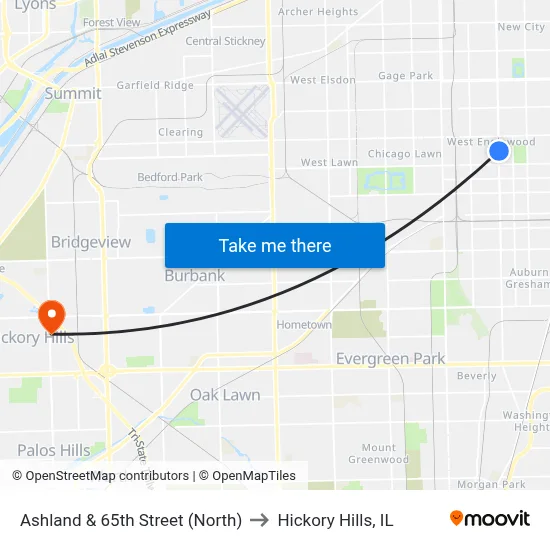 Ashland & 65th Street (North) to Hickory Hills, IL map