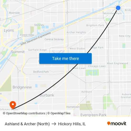 Ashland & Archer (North) to Hickory Hills, IL map