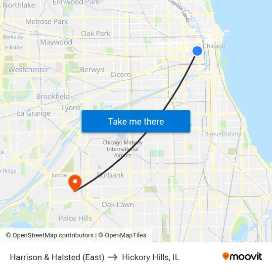 Harrison & Halsted (East) to Hickory Hills, IL map