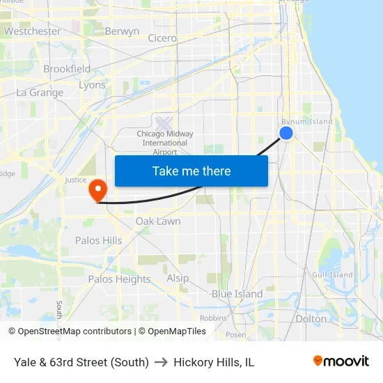 Yale & 63rd Street (South) to Hickory Hills, IL map