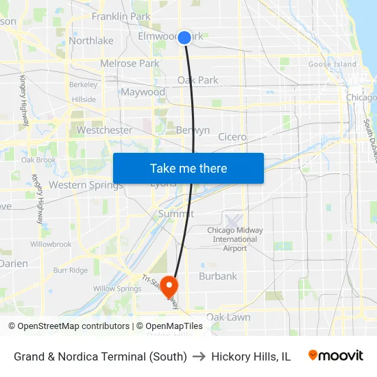 Grand & Nordica Terminal (South) to Hickory Hills, IL map
