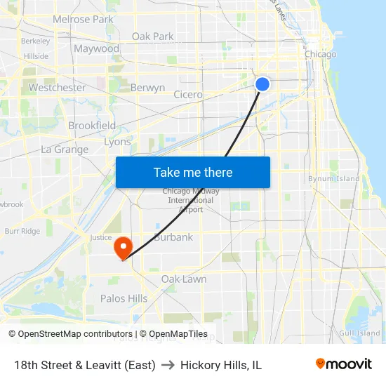 18th Street & Leavitt (East) to Hickory Hills, IL map