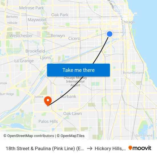 18th Street & Paulina (Pink Line) (East) to Hickory Hills, IL map