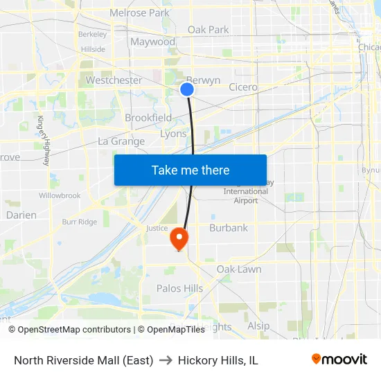 North Riverside Mall (East) to Hickory Hills, IL map