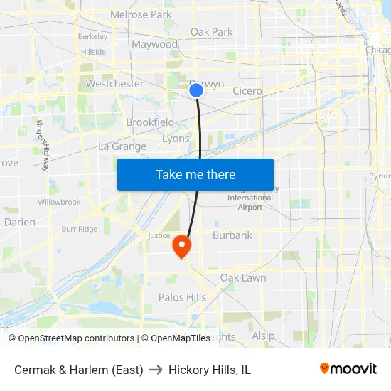 Cermak & Harlem (East) to Hickory Hills, IL map