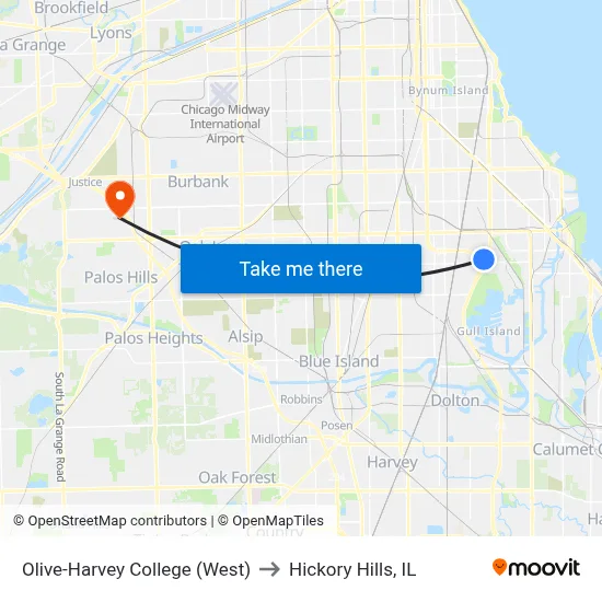 Olive-Harvey College (West) to Hickory Hills, IL map