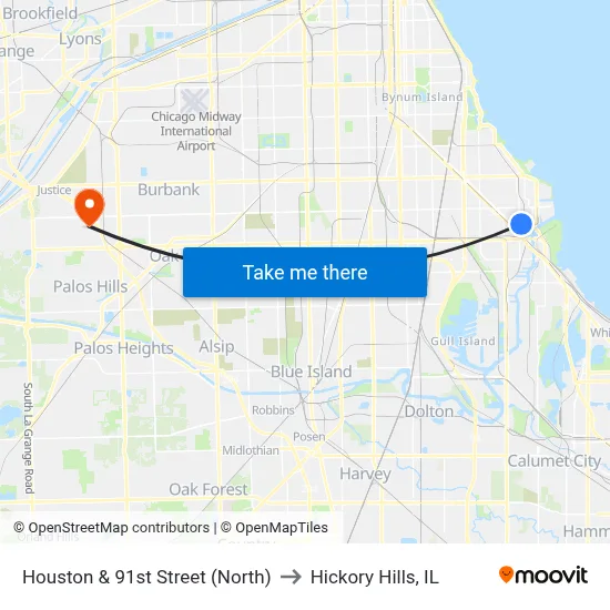 Houston & 91st Street (North) to Hickory Hills, IL map