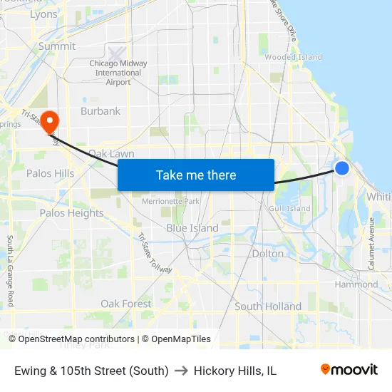 Ewing & 105th Street (South) to Hickory Hills, IL map