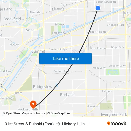 31st Street & Pulaski (East) to Hickory Hills, IL map