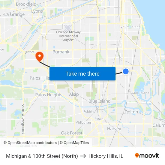 Michigan & 100th Street (North) to Hickory Hills, IL map