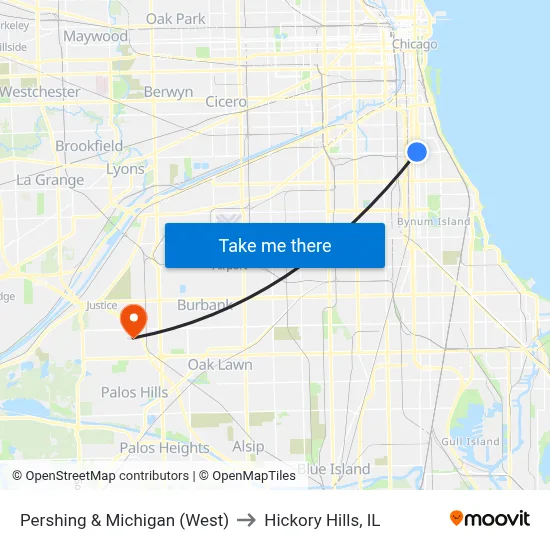 Pershing & Michigan (West) to Hickory Hills, IL map