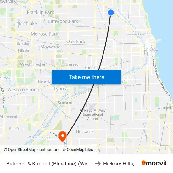 Belmont & Kimball (Blue Line) (West) to Hickory Hills, IL map