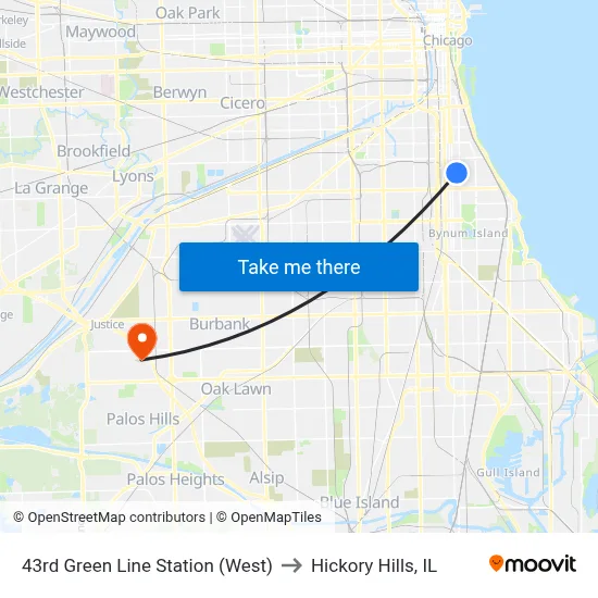 43rd Green Line Station (West) to Hickory Hills, IL map