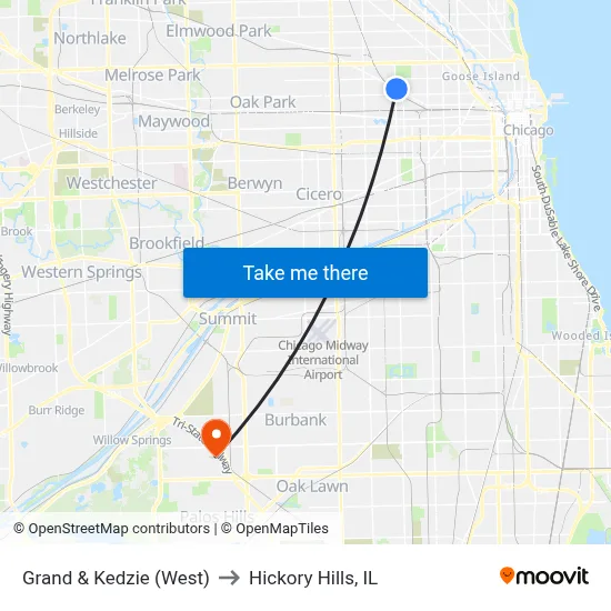 Grand & Kedzie (West) to Hickory Hills, IL map