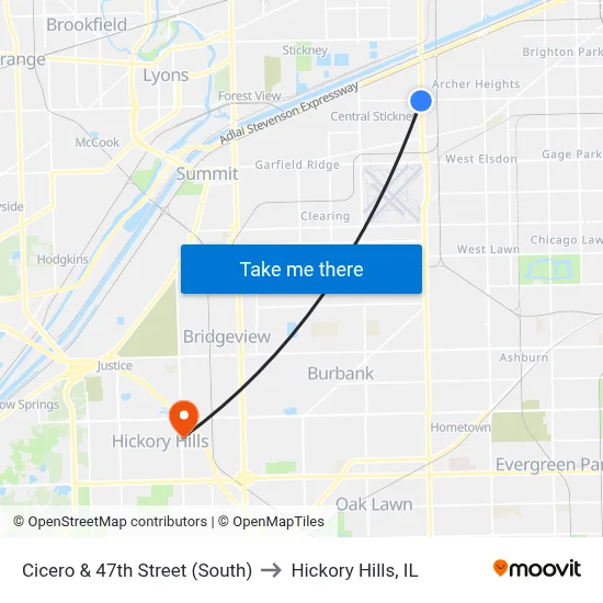 Cicero & 47th Street (South) to Hickory Hills, IL map