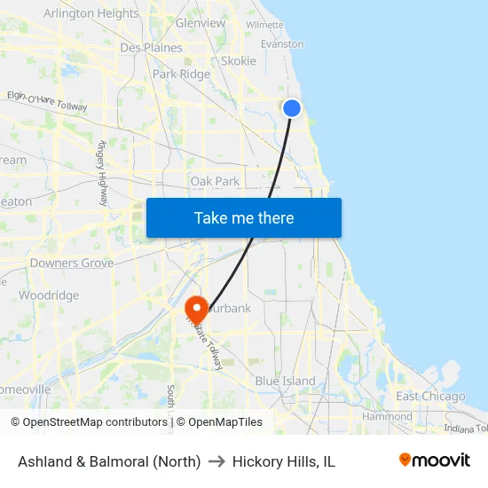 Ashland & Balmoral (North) to Hickory Hills, IL map