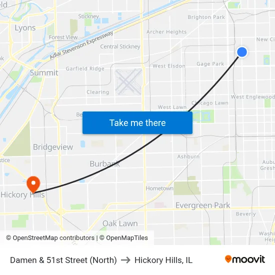 Damen & 51st Street (North) to Hickory Hills, IL map