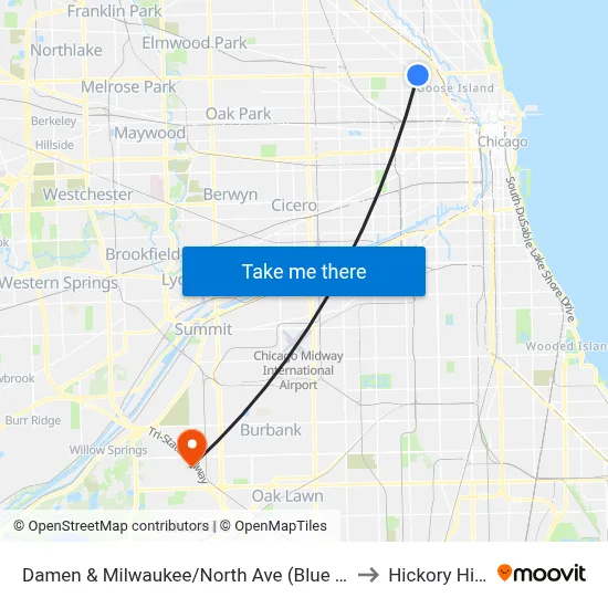 Damen & Milwaukee/North Ave (Blue Line) (North) to Hickory Hills, IL map