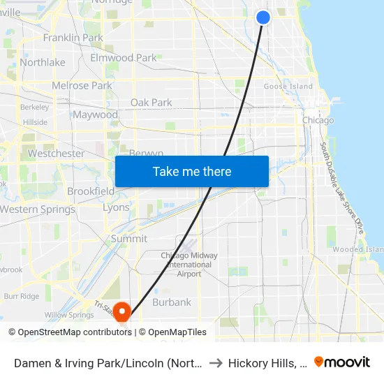Damen & Irving Park/Lincoln (North) to Hickory Hills, IL map