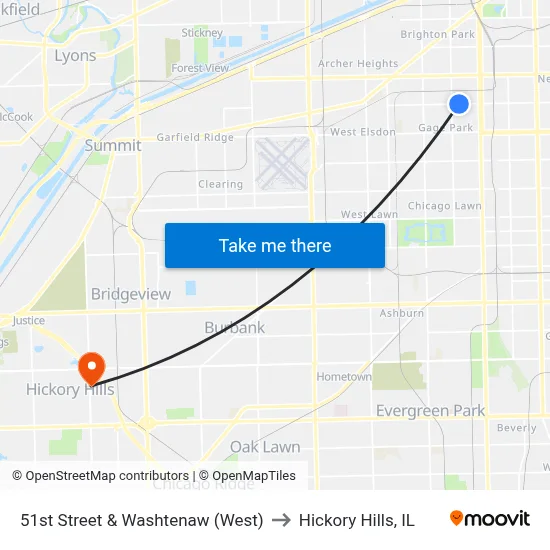51st Street & Washtenaw (West) to Hickory Hills, IL map