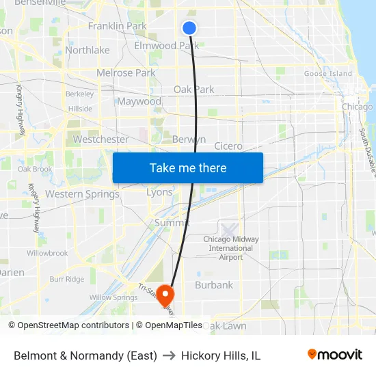 Belmont & Normandy (East) to Hickory Hills, IL map