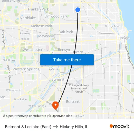 Belmont & Leclaire (East) to Hickory Hills, IL map