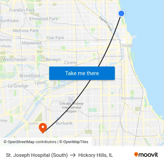 St. Joseph Hospital (South) to Hickory Hills, IL map