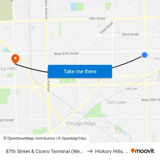87th Street & Cicero Terminal (West) to Hickory Hills, IL map