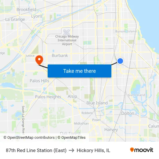 87th Red Line Station (East) to Hickory Hills, IL map