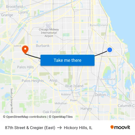 87th Street & Cregier (East) to Hickory Hills, IL map