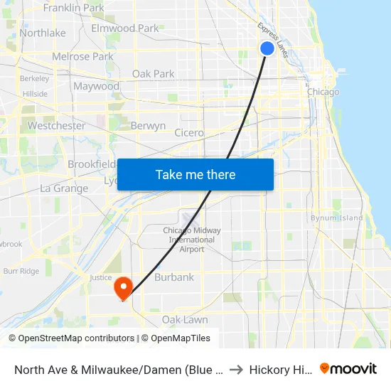 North Ave & Milwaukee/Damen (Blue Line) (West) to Hickory Hills, IL map