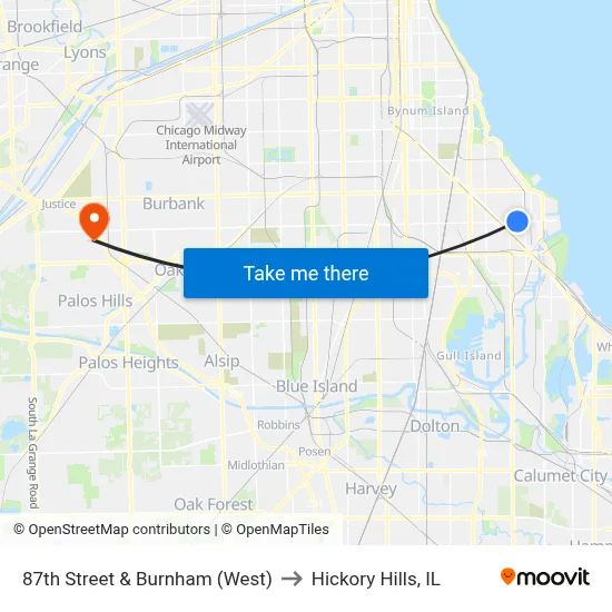 87th Street & Burnham (West) to Hickory Hills, IL map