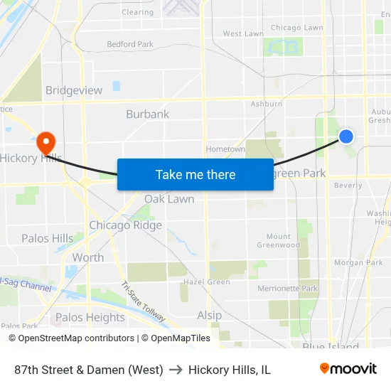 87th Street & Damen (West) to Hickory Hills, IL map