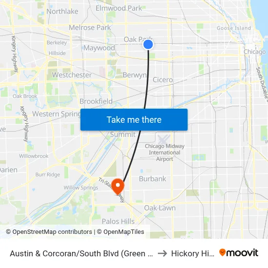 Austin & Corcoran/South Blvd (Green Line) (North) to Hickory Hills, IL map