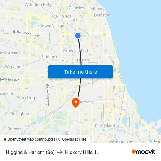 Higgins & Harlem (Se) to Hickory Hills, IL map