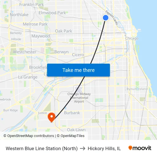 Western Blue Line Station (North) to Hickory Hills, IL map