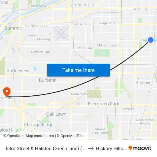 63rd Street & Halsted (Green Line) (East) to Hickory Hills, IL map