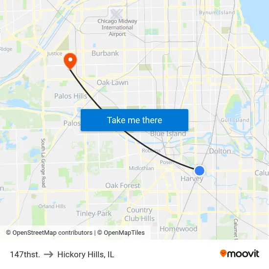 147thst. to Hickory Hills, IL map