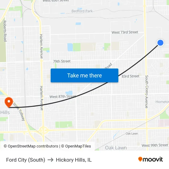 Ford City (South) to Hickory Hills, IL map