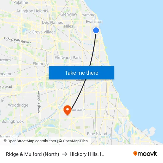 Ridge & Mulford (North) to Hickory Hills, IL map