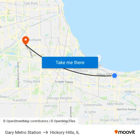 Gary Metro Station to Hickory Hills, IL map