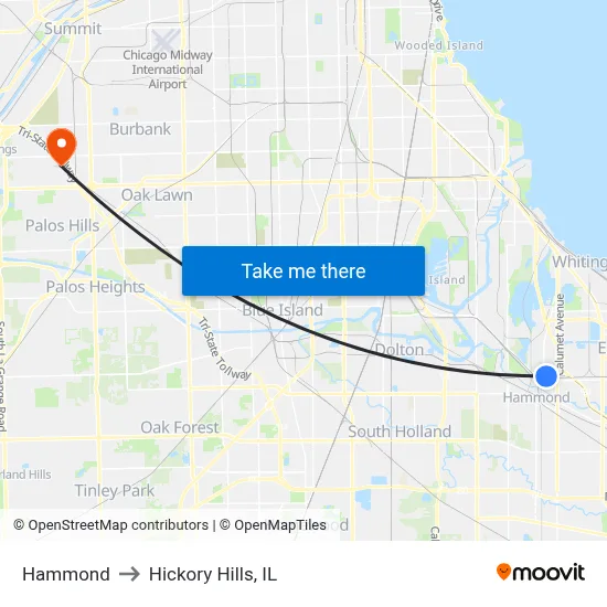 Hammond to Hickory Hills, IL map