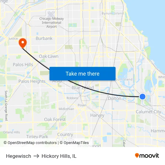 Hegewisch to Hickory Hills, IL map